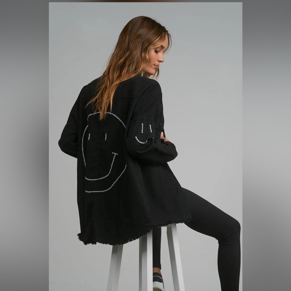 Elan Black Oversized Jacket with White Smiley Embroidery size XS